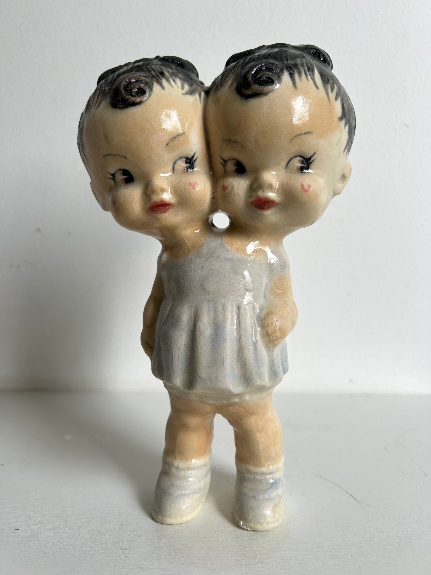 Muñeca de cerámica estilo Vintage MUTANTE dos cabezas