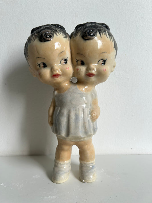 Muñeca de cerámica estilo Vintage MUTANTE dos cabezas